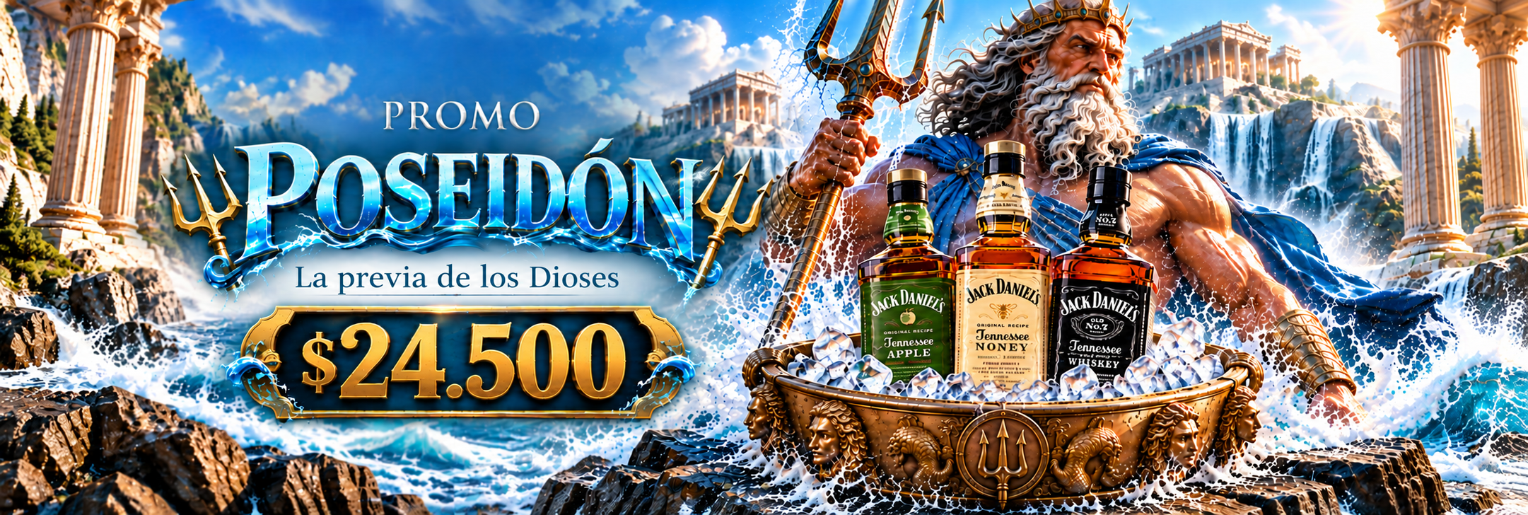 Promo Poseidón: Jack Daniel's variedades a $24.500. Promoción válida solo en local.