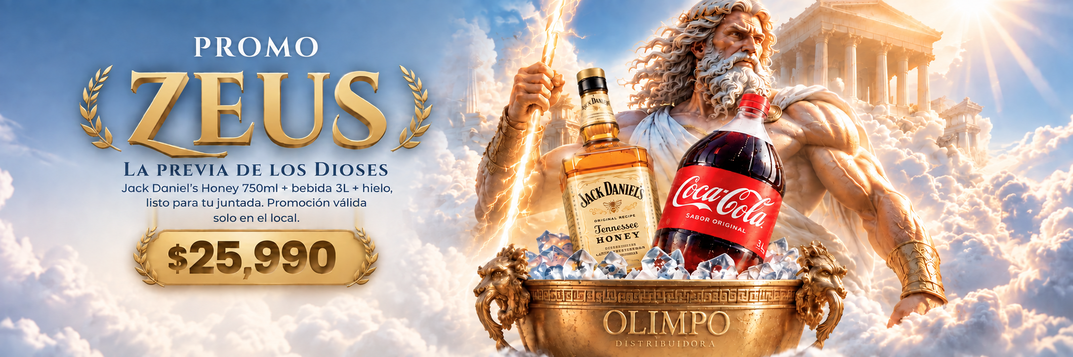 Promo Zeus: Zeus con un balde de Jack Daniel's Honey, bebida y hielo, a $25.990
